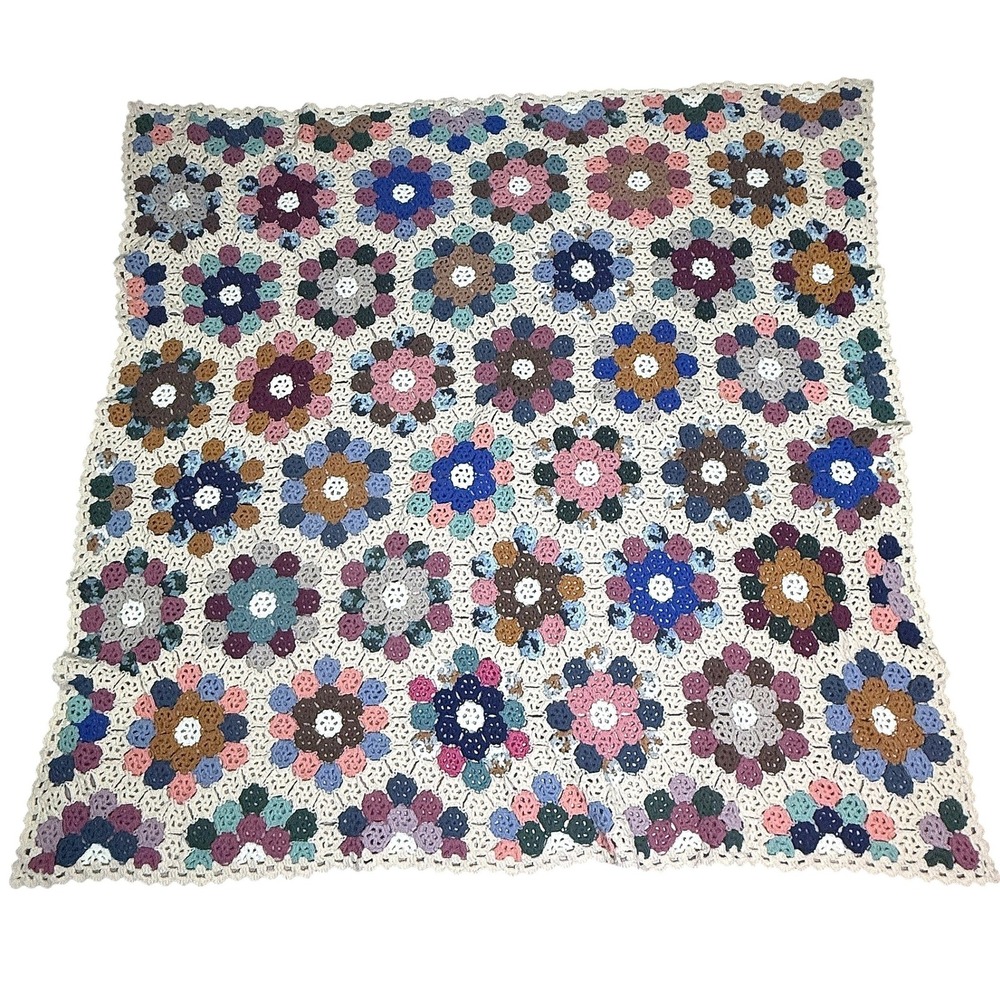 Vintage Handmade Crochet Granny Square Blanket Throw Floral Multicolor 75" x 75"